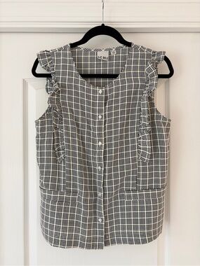 ICHI Black & White Plaid Ruffle-Trim Button Front Camisole
